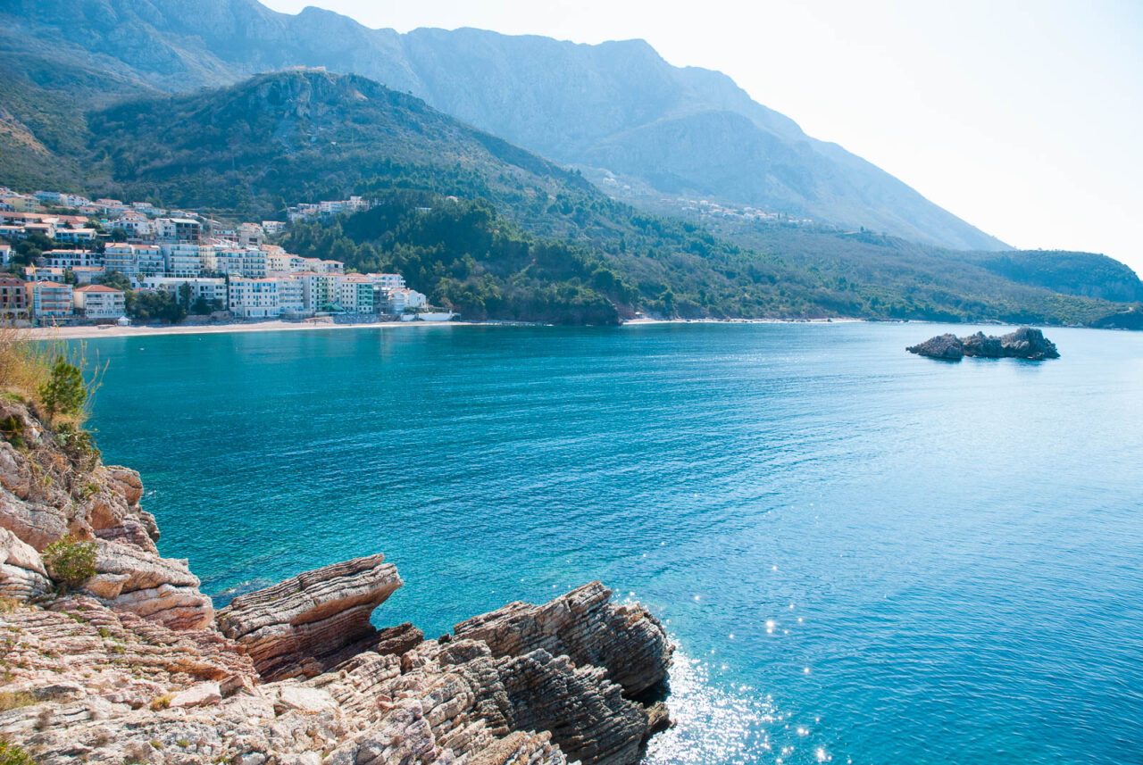 View of sparkling turquoise sea from Sveti Stefan